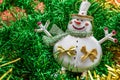 Background in the form of Christmas tree decorations - a cheerful snowman, green and golden rain