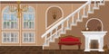 Background in the form of an interior of a large old-style living room with a fireplace and stairs. Royalty Free Stock Photo