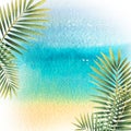 Background in the form of a sea beach and sky with tropical coconut palm leaves. Watercolor illustration from a large Royalty Free Stock Photo