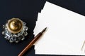 Background with fountain pen, inkwell, papers Royalty Free Stock Photo