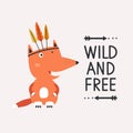 Background, fox with feathers, text. Wild and free