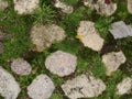 Background. fragment. texture. the old road is paved with wild stone, cobblestones. landscape design, natural style. Royalty Free Stock Photo