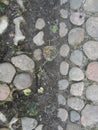 Background. fragment. texture. the old road is paved with wild stone, cobblestones. landscape design, natural style. Royalty Free Stock Photo