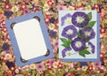 Background of fragments of broken flowers and leaves. Scrapbooking element consists mosaic of flowers, petals and frames, corners