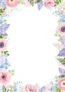 Background Frame With Pink, Blue And Purple Flowers. Vector Illustration.