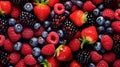 Background of fresh berries. Raspberries, blackberries, blueberries and strawberries. Generative AI