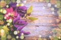 Background with fresh blue Clematis flowers on old wooden planks Royalty Free Stock Photo