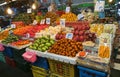 Background of fresh fruit kiosk selling at fresh market in Thailand. Image of variety tropical fruit stand at supermarket. Royalty Free Stock Photo