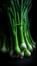 Background of fresh green onions tied in bunches pattern, Realistic illustration. close-up. generative ai