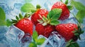 Background with fresh strawberries, mint and icecubes created with Generative AI