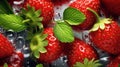 Background with fresh strawberries, mint and icecubes created with Generative AI