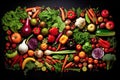 background of fresh vegetables on dark background, top view