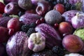 Background of fresh vegetables and fruits. Purple eggplant, backberries, plums, figs, apples, grape and garlic. Top view.