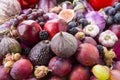 Background of fresh vegetables and fruits. Purple eggplant, plums, figs, apples, avocado, grape, hazelnut, sweet pepper, tomato an Royalty Free Stock Photo