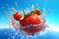 food freshness blue strawberry splash background red healthy water fruit fresh. Generative AI.