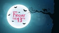 Background for Friday 13. Back cat walks through the tree. Bats fly against the background of the full moon. Bloody text