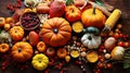 Background of fruits and vegetables, top view, Happy Thanksgiving, Harvest,