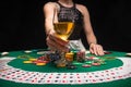 Background of a gaming casino, poker table, cards, chips and a girl with a glass of wine and smoke. Background for a gaming Royalty Free Stock Photo