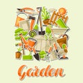 Background with garden tools and items. Season gardening illustration Royalty Free Stock Photo