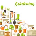 Background with garden tools and items. Season gardening illustration