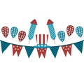 Background with garland and fireworks. Uncle Sam hat and garland on a white background, holiday items. Royalty Free Stock Photo