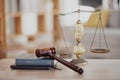 Background, gavel and law books with scales on table of judge, attorney and court trial. Closeup of legal hammer Royalty Free Stock Photo