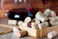 Background with glass of wine, decanter and corks Royalty Free Stock Photo