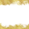 Background with glitter golden square frame and space for text. Glitter decoration, golden dust. Template for christmas and birthd