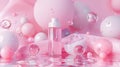 Background with glossy water bubbles and a fashion beauty stand. 3d rendering.