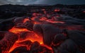 Background with glowing hot red molten lava after vulcanic eruption