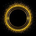 Background with gold glitter ring on black, glowing golden sparkling dust
