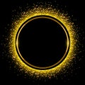 Background with gold glitter ring on black, glowing golden sparkling dust