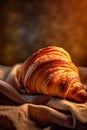 croissant gold background bokeh breakfast cup background table bakery morning drink food. Generative AI.