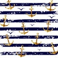 Background with golden anchors and birds on a striped background. The concept of the sea in travel and recreation. Vector