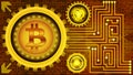 Golden bitcoin digital currency with gears, binary code and circuit board elements. Mining and blockchain technology