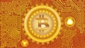 Background of golden bitcoin digital currency with gears and circuit board elements of yellow and orange shades. Mining and