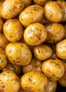 Background of golden fried baby potatoes close-up