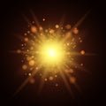 Background of golden lights. Christmas light. A big yellow flash. Footage for the photo. Template for your project