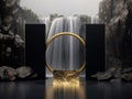Background with golden podium for product presentatio with waterfall in background. Modern minimal showcase with empty space. Ai