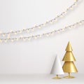 Background with golden and white christmas trees and lights. New Year cone shaped tree. Minimal design christmas card