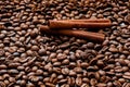 Background from grains of roasted coffee and cinnamon sticks, coffee background