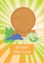 Background for grape harvest - wooden barrel with grape - vector