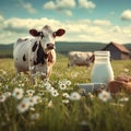 Background of green meadow, dairy milk products, grazing cows