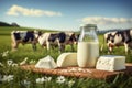 Background of green meadow, dairy milk products, grazing cows