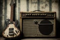 Background of grunge and an electric guitar with an old amplifier Royalty Free Stock Photo