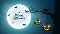 Background for Halloween. Black cat walks through the tree. Bats fly against the background of the full moon. Halloween pumpkins w Royalty Free Stock Photo