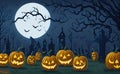 Background for Halloween. cemetery with pumpkins on a spooky full moon night