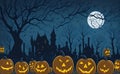 Background for Halloween. old graveyard and castle with pumpkins on a spooky full moon night Royalty Free Stock Photo