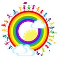 Background with  colored stylized kids around rainbow Royalty Free Stock Photo