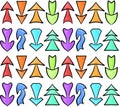 Background of hand drawn multicolored different arrows on a white background.